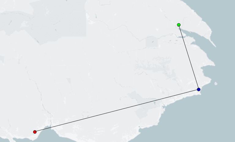 Map showing the same address being geocoded at 3 different locations